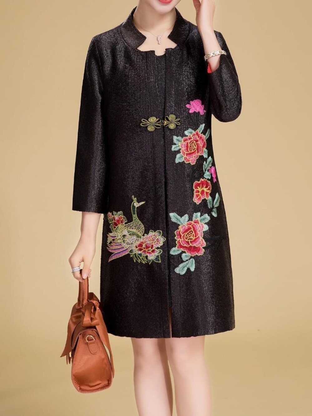 Stylish Women's Crinkled Mandarin Duck Floral Embroidery One Button Blazer - Picture 3 of 6